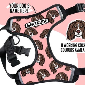 Pode incluir: Um arnês para cão rosa com uma correia preta e um padrão repetido de faces de cocker spaniel inglês castanho e branco. O arnês tem uma etiqueta de nome que diz "GERTRUDE". O texto "YOUR DOG'S NAME HERE" está acima da etiqueta de nome. O texto "II WORKING COCKER COLOURS AVAILABLE" está abaixo da cara do cão.