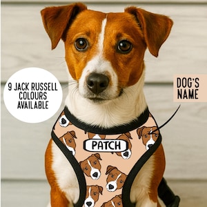 Può includere: Una pettorina per cani con un motivo ripetuto di volti di Jack Russell su sfondo marrone chiaro. La pettorina include un'etichetta rettangolare bianca centrale con il testo nero PATCH e bordi neri. Il testo sull'immagine recita 9 JACK RUSSELL COLOURS AVAILABLE e DOG'S NAME.
