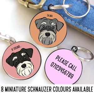 Miniature Schnauzer ID Tag/ Personalised Dog Breed Name Tag/ Custom Microchip Tag/ Pet Identity Tag/ Cute Schnauzer Art/ Dog Face Collar Tag
