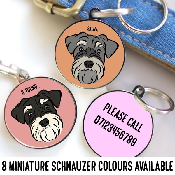 Étiquette d’identification de Schnauzer miniature/ Étiquette de nom de race de chien personnalisée/ Étiquette de micropuce personnalisée/ Étiquette d’identité d’animal de compagnie/ Art Schnauzer mignon/ Étiquette de collier de visage de chien