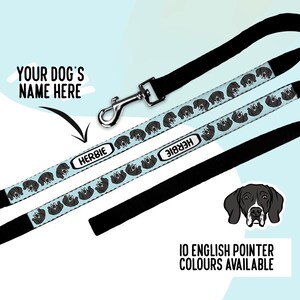 May include: Personalized dog leash with a blue background and black English Pointer silhouettes. The leash has a black clip and a black name tag that says "HERBIE". 10 English Pointer colors available.
