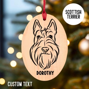 Pet Portrait Christmas Wood Ornament/ Personalised Scottish Terrier Face Name Line Art Tree Decoration/ Scottie Dog Breed Holiday Tree Gifts