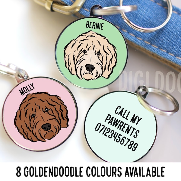 Goldendoodle ID Tag/ Personalised Dog Breed Name Tag/ Customised Goldendoodle Collar Tag/ Cute Pet Face ID Tag/ Pet Identity Microchip Tag