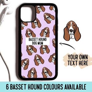 May include: A black phone case featuring a pattern of brown and white Basset Hound faces on a light purple background. The text "Basset Hound Dog Mum" is printed on the case. The case is shown with a separate image of a Basset Hound face and a text box that says "Your Own Text Here".