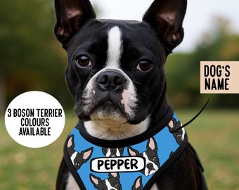Personalized Boston Terrier Harness: Custom Dog Face Pattern, Adjustable Step-In