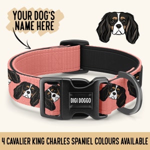 Può includere: Collare per cani rosa con un motivo ripetuto di volti di Cavalier King Charles Spaniel. Il collare ha una fibbia nera con il testo "Digi Doggo" e un anello a D nero.