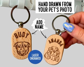 Wooden Pet Portrait Keyring/ Personalised Wood Engraved Dog Keychain/ Pet Face Illustration Keyring/ Custom Laser Engraving Keychain Gift