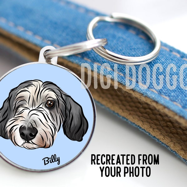 Pet portrait id tag/ personalised dog face illustration tag/ custom dog collar tag/ pet name tag/ dog drawing from photo/ aluminium tag
