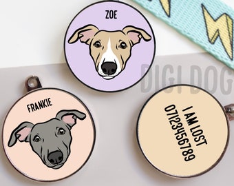 Whippet ID Tag/ Personalised Whippet Greyhound Collar Tag/ Whippet Face ID Tag/ Greyhound Name Identity Tag/ Customised Whippet Owner Gift