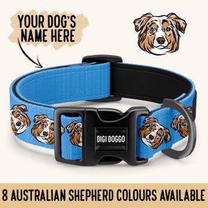 May include: Blue dog collar with a black buckle and a repeating pattern of Australian Shepherd faces. The buckle has the text "Digi Doggo" on it. The collar is shown against a white background.  "Your Dog's Name Here" is written in a brown box with a white outline.