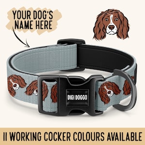 Könnte beinhalten: Ein graues Hundehalsband mit einer schwarzen Schnalle und einem sich wiederholenden Muster aus braunen und weißen Working Cocker Spaniel-Illustrationen. Die Schnalle trägt den Text "DIGI DOGGO". Das Halsband wird vor einem weißen Hintergrund gezeigt.