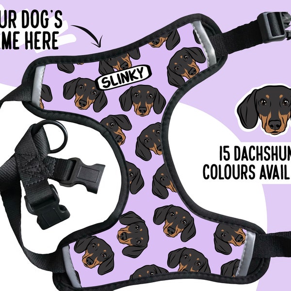 Personalised Dachshund Harness/ Sausage Dog Face Pattern Harness/ Customised Dachshund Name Adjustable Harness/ Dachshund Owner Gift Idea