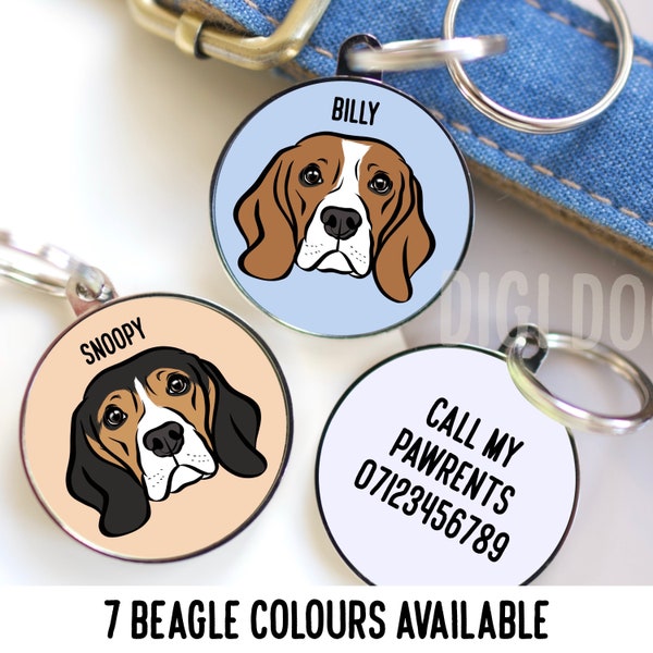 Beagle Dog ID Tag/ Personnalisé Beagle Face Portrait Tag/ Custom Beagle Name Collar Tag/ Beagle Owner Gift/ Pet Microchip Identity Tag