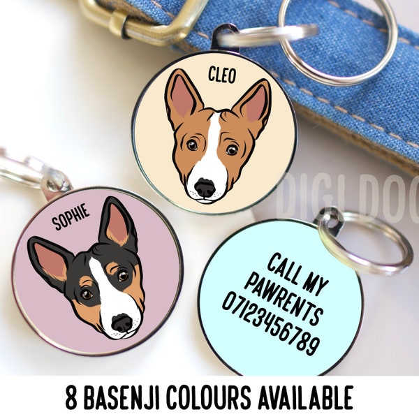 Étiquette d'identification Basenji personnalisée / Étiquette de collier de visage de chien Basenji personnalisé / Étiquette d'identité de micropuce de portrait d'animal familier / Cadeaux de propriétaire Basenji / Art d'amant Basenji