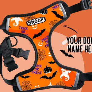 Halloween Dog Harness/ Personalised Dog Name Harness/ Halloween Theme Harness/ Spooky Print Pet Harness/ No Pull Step In Harness/ Dog Gift