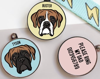 Boxer Dog ID Tag Personalised Boxer Face Collar Tag Boxer Name Identity Tag Custom Boxer Owner Dog Tag For Large Dog Illustration Tag Design