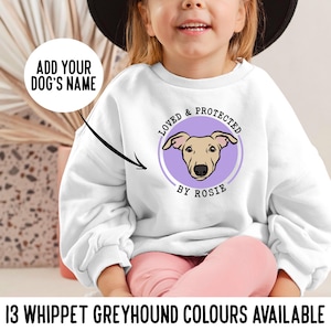 Whippet Greyhound Kinder Sweatshirt / Individueller Whippet Kinder Pullover mit gedrucktem Hundenamen / Greyhound Kleinkind Geschenk / Hundeillustration Pullover Geschenk
