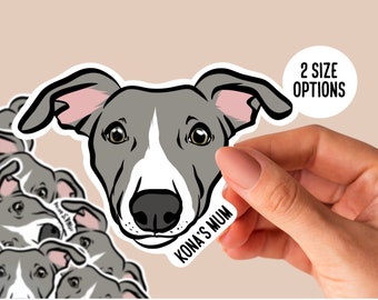 Personalised Whippet Stickers/ Custom Laptop Greyhound Stickers/ Dog Face Sticker Decal/ Cute Whippet Name Stickers/ Gift for Whippet Owner