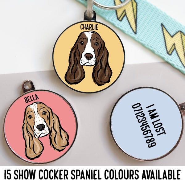 Montrer l'étiquette d'identification de Cocker Spaniel / étiquette de collier de nom de Cocker Spaniel personnalisée / étiquette de visage de race de chien personnalisée / idée de cadeau de propriétaire de Cocker Spaniel