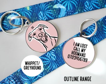 May include: Two silver dog tags with pink backgrounds. One tag has a black and white illustration of a Whippet/Greyhound dog with the name "Zoe" printed on it. The other tag has the text "I AM LOST CALL MY HOOMANS 07123456789".