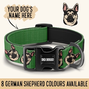 Può includere: Collare per cani verde con fibbia nera e un motivo ripetuto di volti di pastore tedesco. Il collare ha il testo "DIGI DOGGO" sulla fibbia. Il testo "YOUR DOG'S NAME HERE" è scritto in un fumetto sopra il collare.