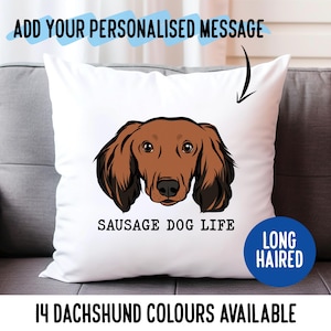 Funda de almohada con cara de perro salchicha de pelo largo/Funda de cojín con retrato de perro salchicha personalizado/Funda de almohada con ilustración de raza de perro personalizada