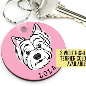 West Highland Terrier Keyring/ Personalised Dog Face Keychain/ Westie Name Sublimation Keyring/ Dog Owner Keyring/ Westie Lover Present