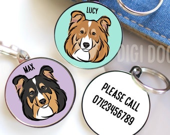 Sheltie Dog ID Tag/ Personalised Sheltie Face Collar Tag/ Shetland Sheepdog Name Tag/ Custom Dog Breed Microchip Tag/ Sheltie Owner Gifts