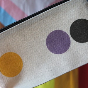 Könnte beinhalten: Eine weiße Canvas-Reißverschlusstasche mit drei bunten Kreisen. Die Kreise sind gelb, lila und schwarz.