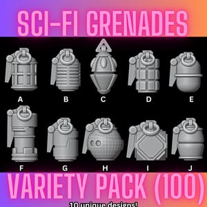Puede incluir: Un paquete variado de 100 granadas de ciencia ficción en 10 diseños únicos. La imagen muestra diez modelos de granadas grises diferentes etiquetados de la A a la J. El texto "SCI-FI GRENADES" y "VARIETY PACK (100)" se muestra en rosa.