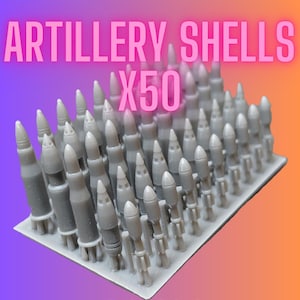 May include: A collection of 50 gray artillery shells in various designs, arranged on a rectangular base. The image features the text "ARTILLERY SHELLS X50" in pink, with additional text indicating 5 unique designs available individually or as a combo set.