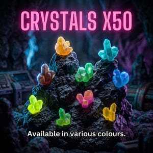 May include: A collection of fifty small, translucent, multi-colored crystals displayed on a dark, jagged rock formation. The crystals glow in shades of yellow, blue, green, pink, and orange. Text reads: CRYSTALS X50. Available in various colours.