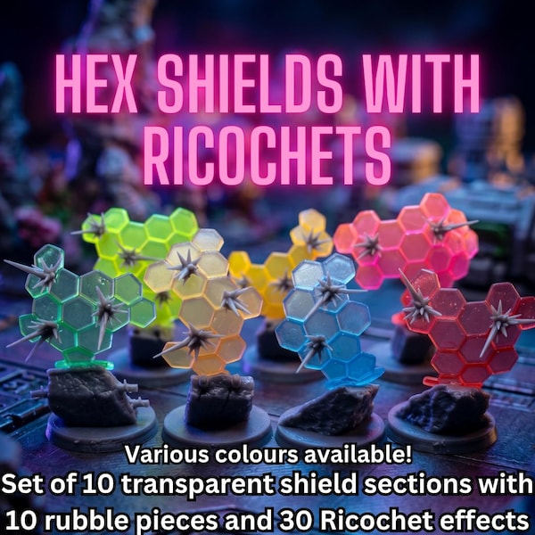 Hex Shields with Ricochets (set of 10) Resin 3d print. Wargaming, Kitbashing, basing, scenics. 3d printed bitz.