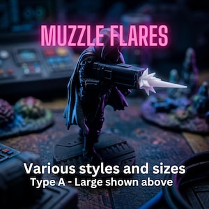 May include: A miniature figurine of a hooded character holding a weapon with a white, star-shaped muzzle flare attached to the barrel. The text MUZZLE FLARES, Various styles and sizes, and Type A - Large shown above are visible in the image.