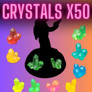 Puede incluir: Imagen que presenta una colección de cristales coloridos con forma de gema, de diferentes tamaños y formas. Los cristales están dispuestos alrededor de una silueta oscura, con el texto "CRYSTALS X50" en rosa en la parte superior. El fondo tiene un degradado de morado, naranja y rosa.