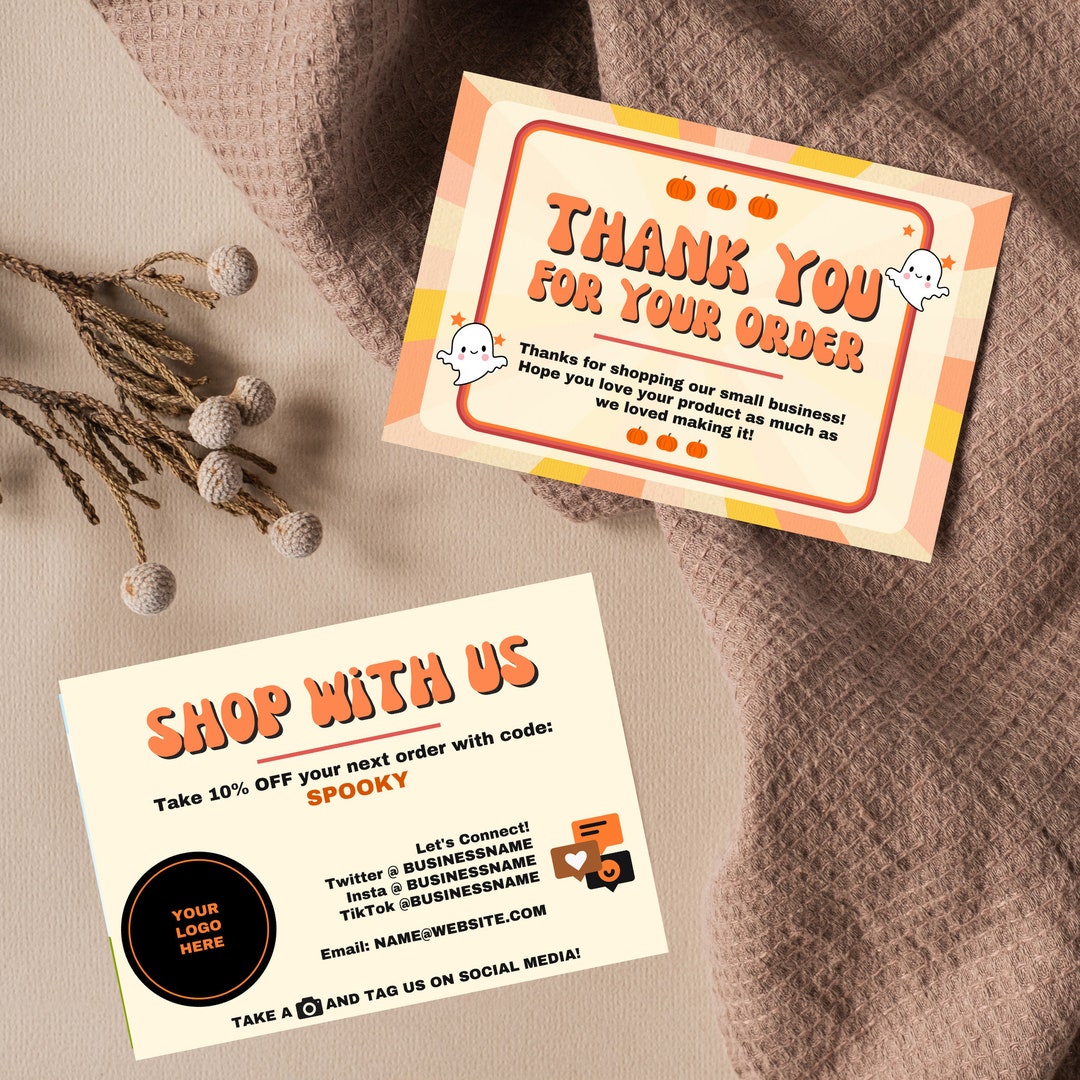 Cute Halloween Business Thank You Card Template, Editable Retro Ghost ...