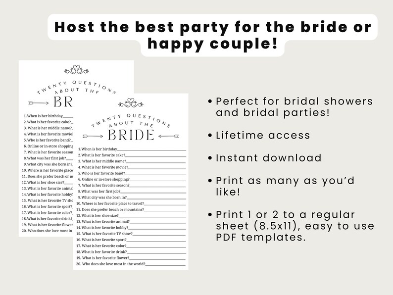 20 Questions About the Bride, Minimalist Bridal Trivia Game Card ...