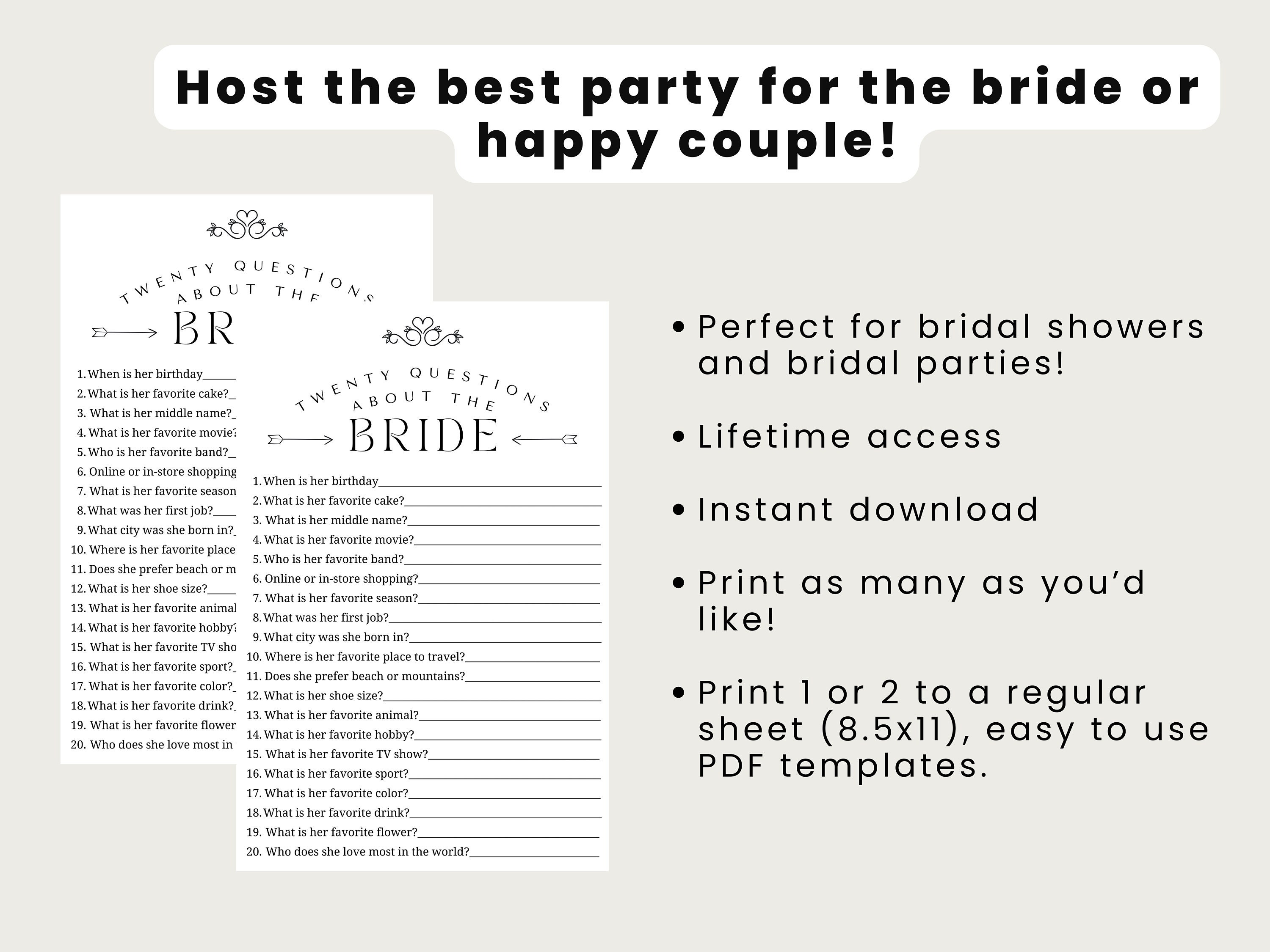 20 Questions About the Bride, Minimalist Bridal Trivia Game Card ...
