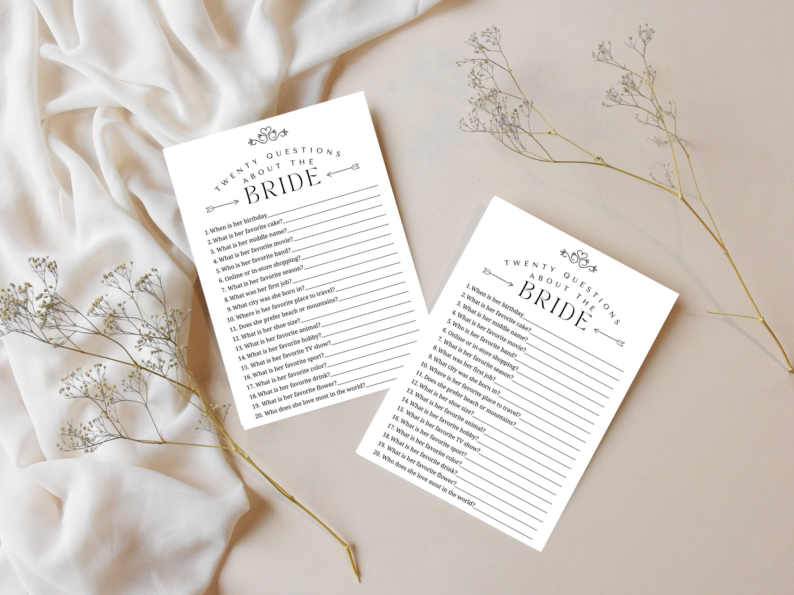 20 Questions About the Bride, Minimalist Bridal Trivia Game Card ...