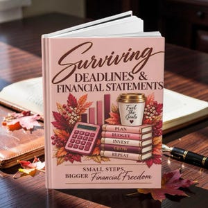 May include: A hardcover book titled Surviving Deadlines & Financial Statements with a pink cover featuring a calculator, a coffee cup labeled Fuel The Goals, a stack of books labeled Plan, Budget, Invest, Grow, Repeat, and autumn leaves.