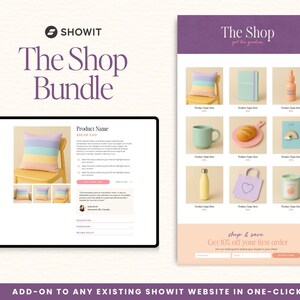 May include: A Showit website advertisement for "The Shop Bundle". The image shows a tablet displaying a product page with a pastel striped cushion and a grid of products, including a mug, notebook, and tote bag. The text reads "The Shop".