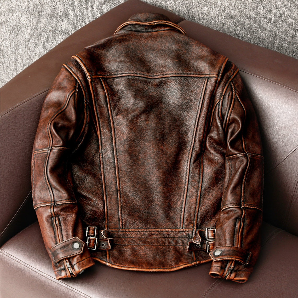 Men's Leather Jacket Biker Jacket Men Brown Leather Jacket Distressed
