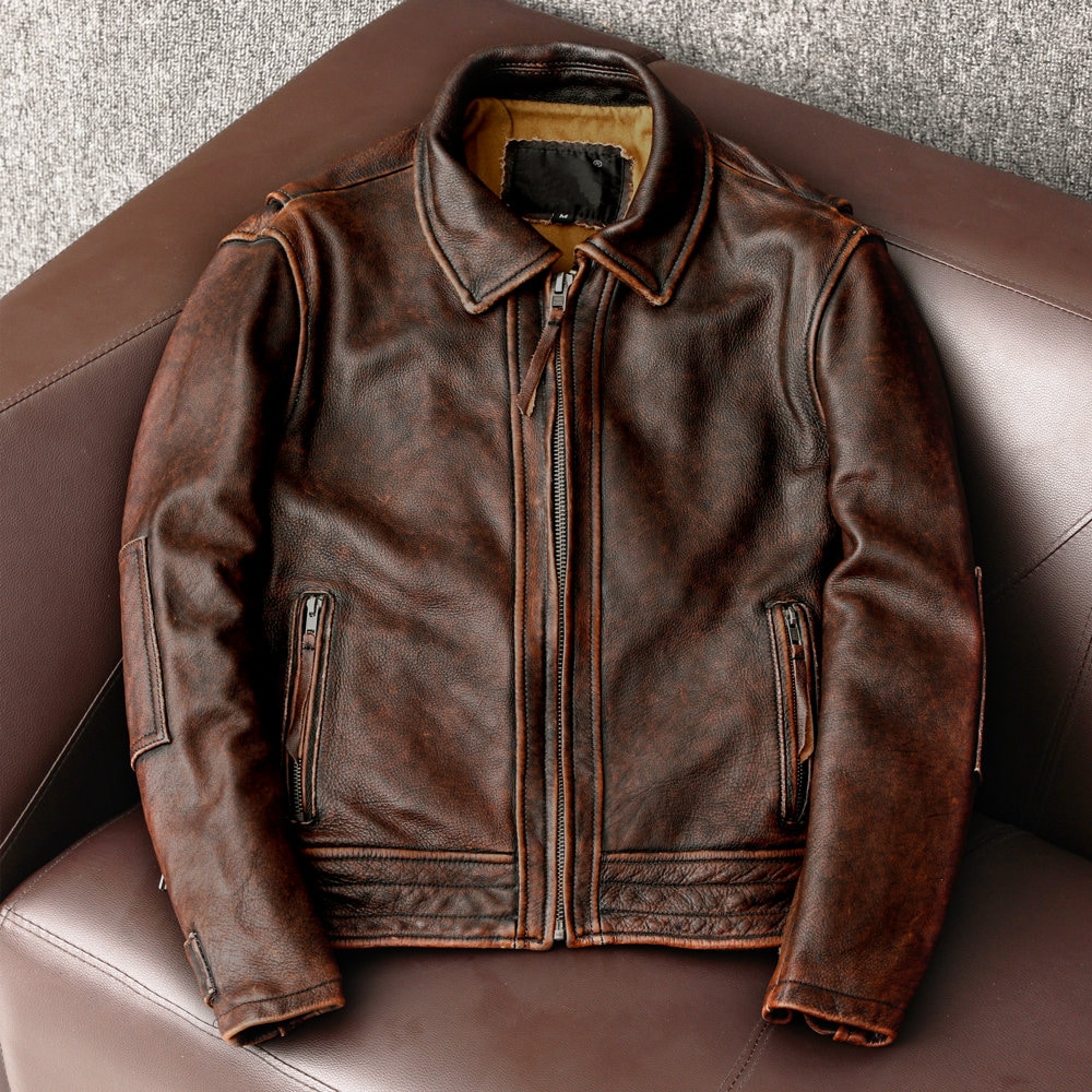 Men's Leather Jacket Biker Jacket Men Brown Leather Jacket Distressed