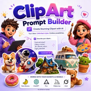 Peut inclure: Une interface numérique intitulée ClipArt Prompt Builder avec deux personnages de dessin animé, une tablette, une zone de texte et diverses icônes clipart dont un chien, un astronaute, une maison, un van, un cactus, un donut et un ours en peluche.