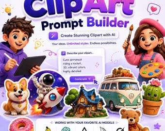 ClipArt Prompt Builder | Clip Art Prompt Generator for Stickers, PNG Designs, POD, Planners & Digital Creators