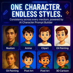 Pu&ograve; includere: Immagine che mostra vari stili artistici applicati a un singolo personaggio. Gli stili includono realismo, anime, clipart, pittura a olio, pixel art e cartoni animati 3D. Il testo recita "ONE CHARACTER. ENDLESS STYLES."