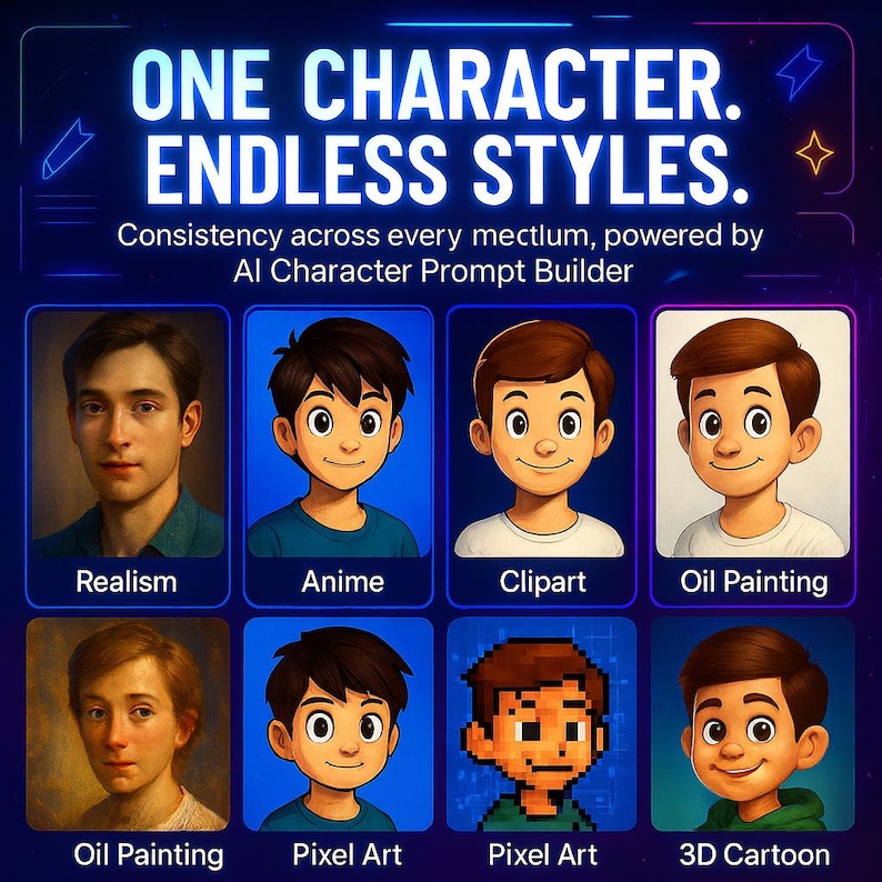 Pu&ograve; includere: Immagine che mostra vari stili artistici applicati a un singolo personaggio. Gli stili includono realismo, anime, clipart, pittura a olio, pixel art e cartoni animati 3D. Il testo recita "ONE CHARACTER. ENDLESS STYLES."