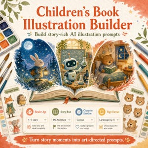 Puede incluir: Una guía Children's Book Illustration Builder con un libro abierto central que muestra escenas en acuarela de un conejo, un robot y un oso. El diseño incluye texto, ideas de personajes, iconos de expresiones y una interfaz de creación de prompts.
