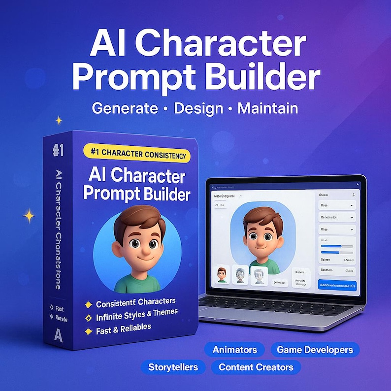 Pu&ograve; includere: Un box prodotto e un laptop mostrano il titolo "AI Character Prompt Builder". La scatola presenta un personaggio dei cartoni animati e il testo "#1 Character Consistency". Lo schermo del laptop mostra un personaggio simile con opzioni di design. L'immagine include le parole "Generate, Design, Maintain".