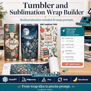 Puede incluir: Una interfaz digital titulada Tumbler and Sublimation Wrap Builder que muestra tres vasos rectos de 20 oz con diseños distintos: un cráneo de vaca floral, un bosque a la luz de la luna y un estampado escolar con el texto teach LOVE inspire repeat.